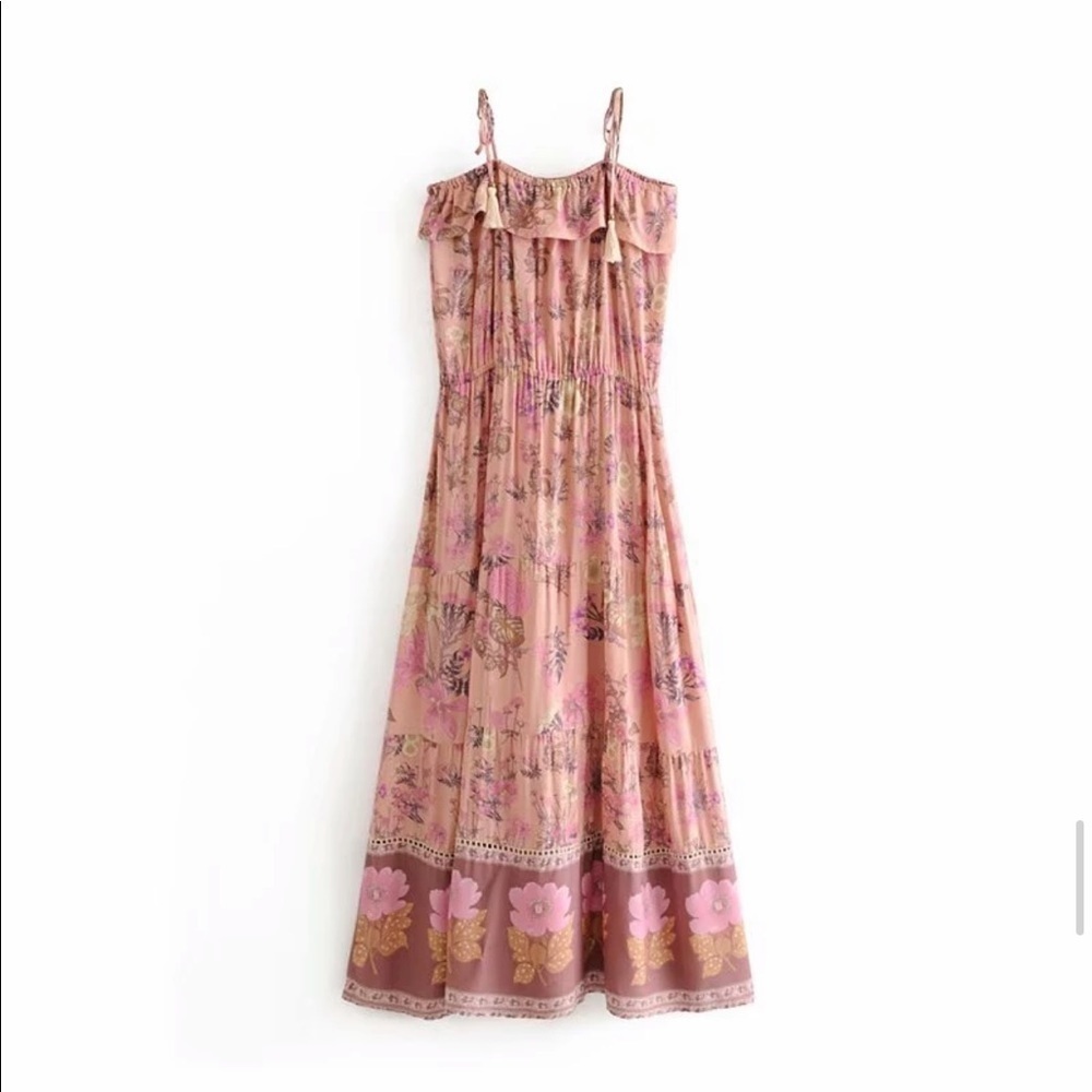 Bohemian Floral Print Maxi Dress Pink Boho Gypsy - Picture 6 of 12
